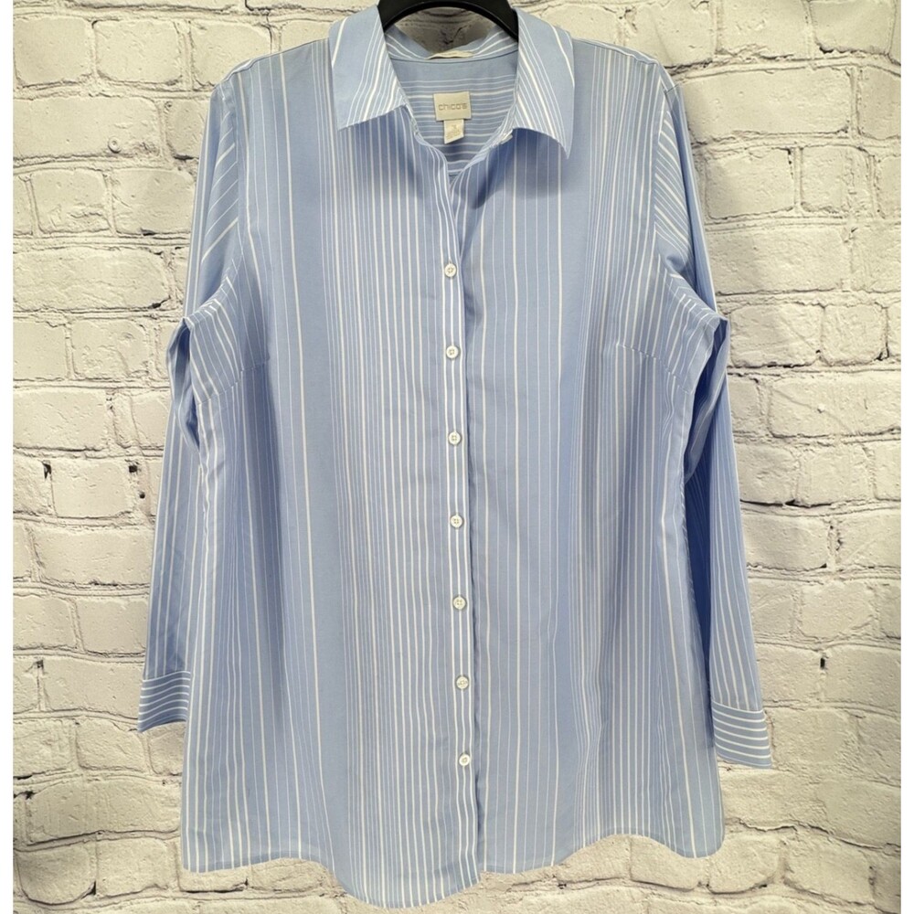 Chico's Top Women's XL (3) Blue Stripe Button Up Long Sleeve No Iron Classic